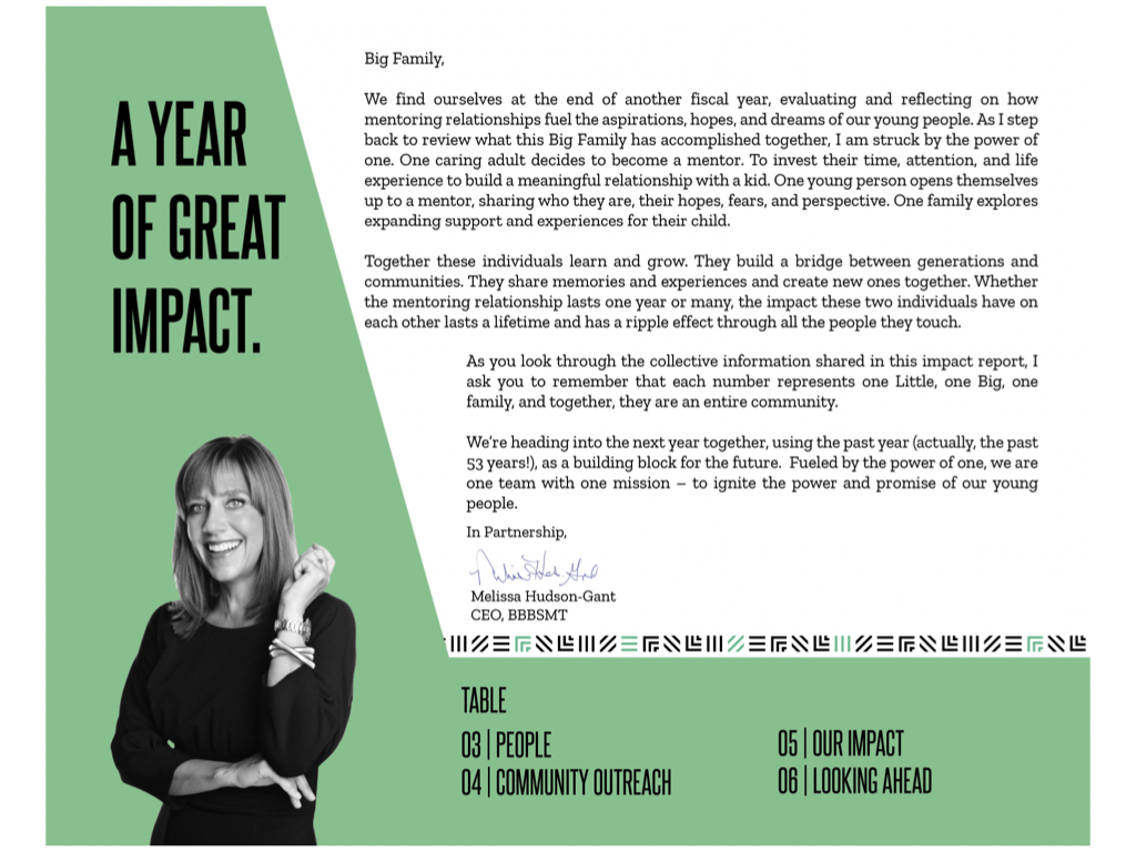 Page 2 of our 2021-2022 Impact Report, Letter from CEO Melissa Hudson-Gant.